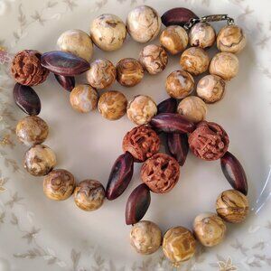 VTG 70s Chinese Asian Carved Wood Symbol Stone Beaded Rare Artisan Necklace